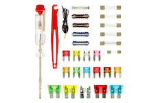 sada pojistek (kulaté, skleněné, ploché, ploché MINI) se zkoušečkou a pinzetou (sada 29 ks)