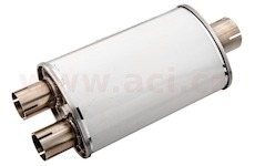univerzální tlumič oválný 1x2, průměr těla 140/220mm, délka těla 320mm, vnitřní průměr 76-2x63mm NEREZ